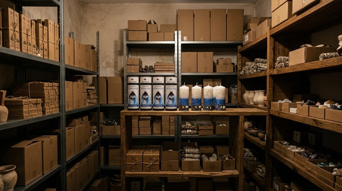 Estanterías de trastienda repletas de cajas, minerales y velones de Depurarte pendientes de fotografiar y subir a la web