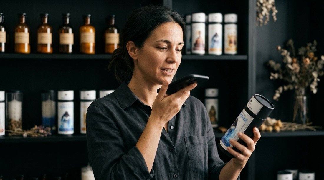 Dueña de tienda sosteniendo el tubo del producto mientras graba una nota de voz relajada en su iPhone